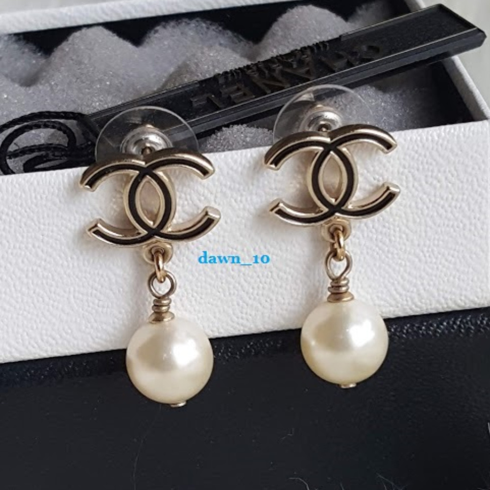 Chanel CC Pearl Drop Dangle Earrings, Gold